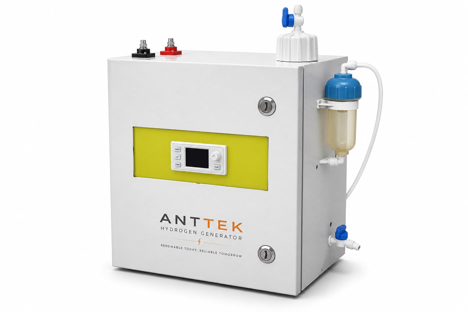 ANTTEK Hydrogen Generator, white metal cabinet with yellow control panel, LCD display, DC power terminals and water filter assembly