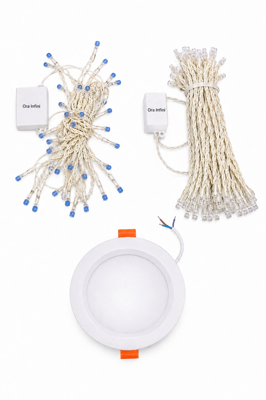 Ora Infini string lights and round LED downlight panel