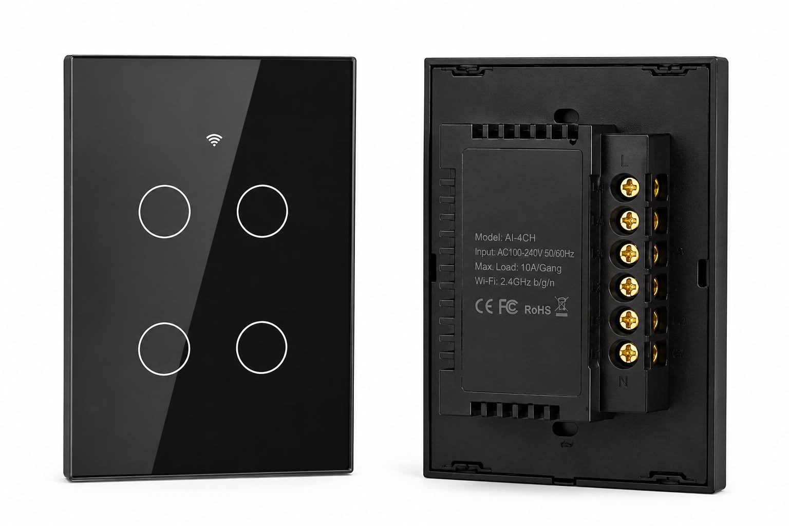 Smart Wi-Fi glass touch switch, 4 gang, front and back